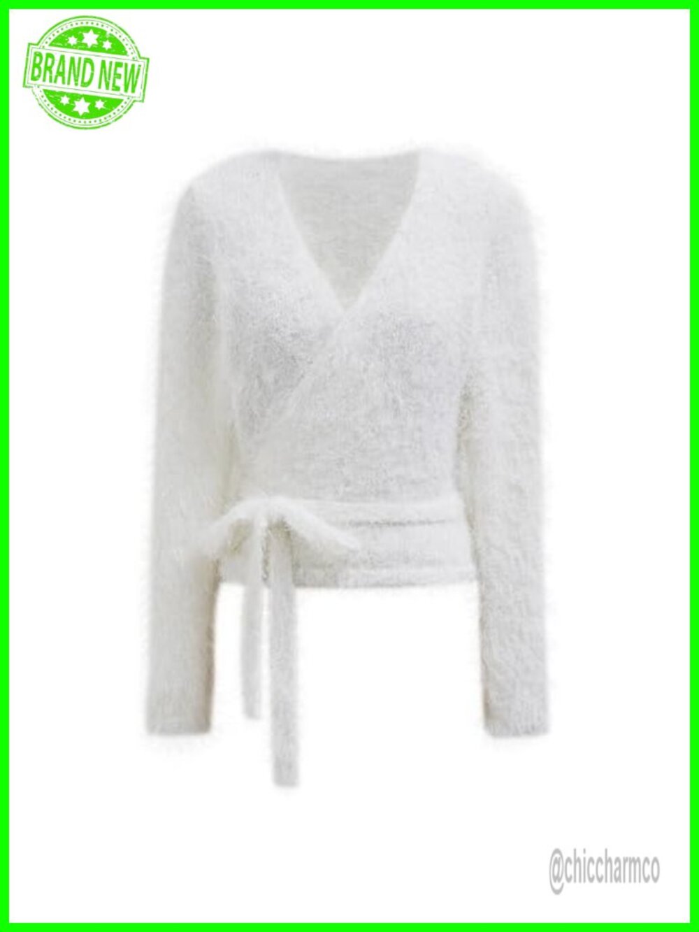 Women Fuzzy Knit Wrap V Neck Tie Waist Long Sleeve Pullover Sweater